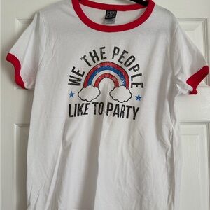White T-Shirt with Red Trim and Graphic Print
